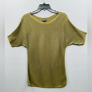 TALBOTS Petite P Olive Green Striped Dolman Sleeve Knit Sweater Top Cotton Blend